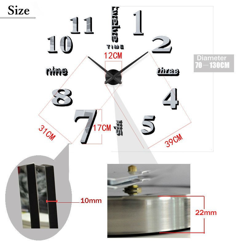 80-130 CM JAM DINDING TEMPEL JAM BESAR RAKSASA DEKORASI ANGKA HURUF 3D GIANT WALL CLOCK DIY ANALOG - Gambar 3