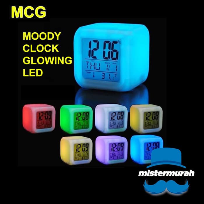 (Berubah Warna Warni) Moody Clock Glowing Jam LED / Jam Meja Kubus Digital Alarm 7 Warna With Kalender
