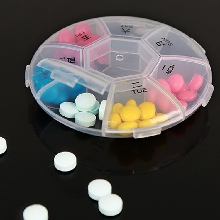 Kotak Obat Bulat 7 Sekat / Mini 7 Grid Medicine Box Portable / Tempat Wadah Penyimpanan Pil Kapsul Tablet Harian 7 Hari