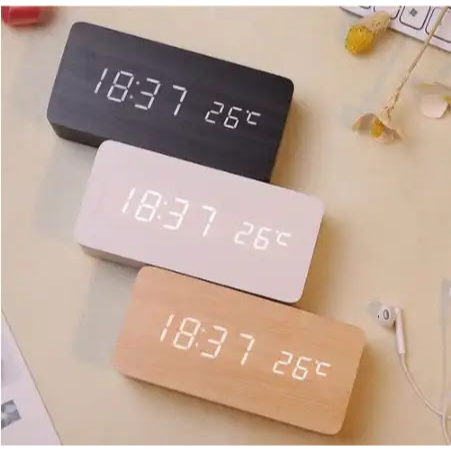 Jam Meja Digital / Jam Alarm LED Wood Plus Temperature Suhu / Jam Weker Smart Clock - Gambar 3